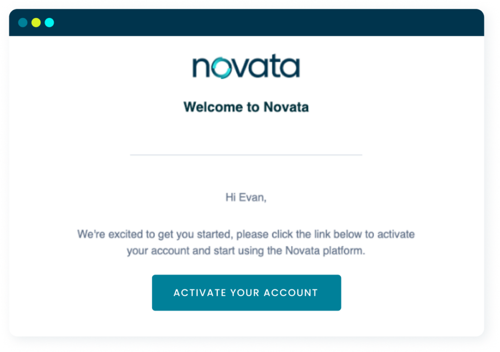 Sample welcome email to the Novata platform