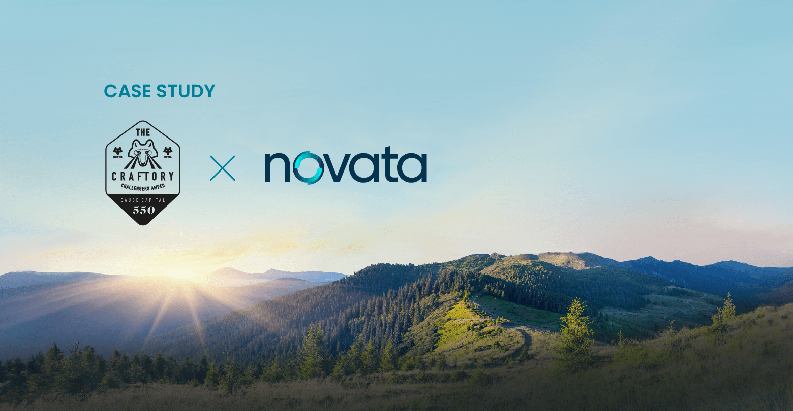 Case Study: The Craftory and Novata logos against background image of mountaintops.