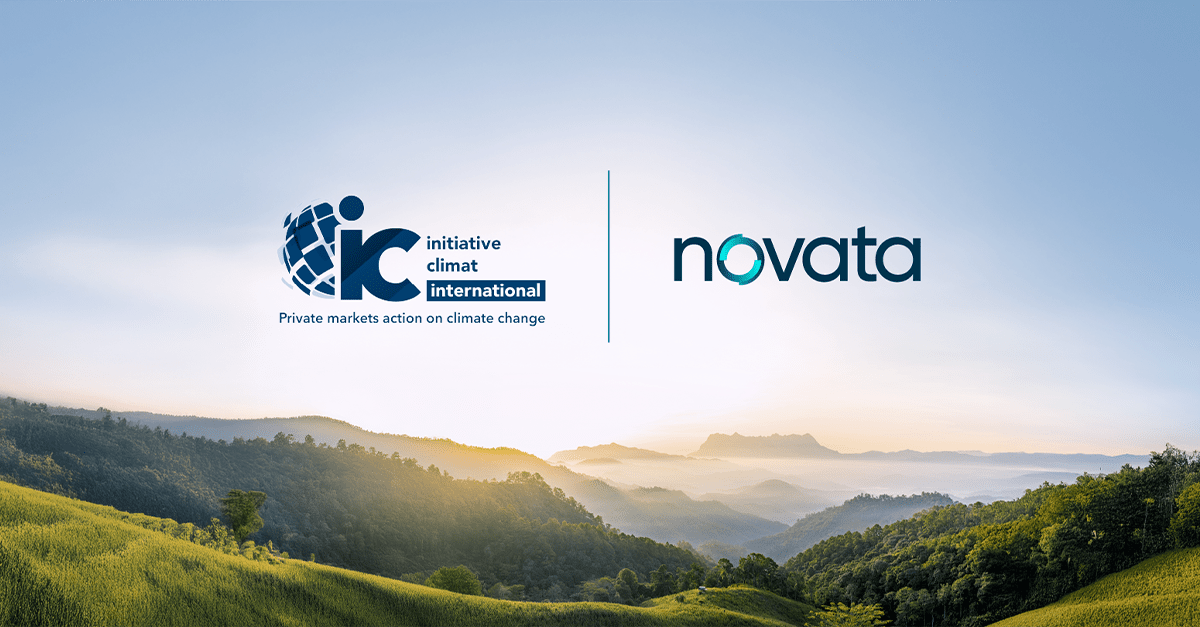 Logos for iCI initiative climat international and Novata against background of rolling hills