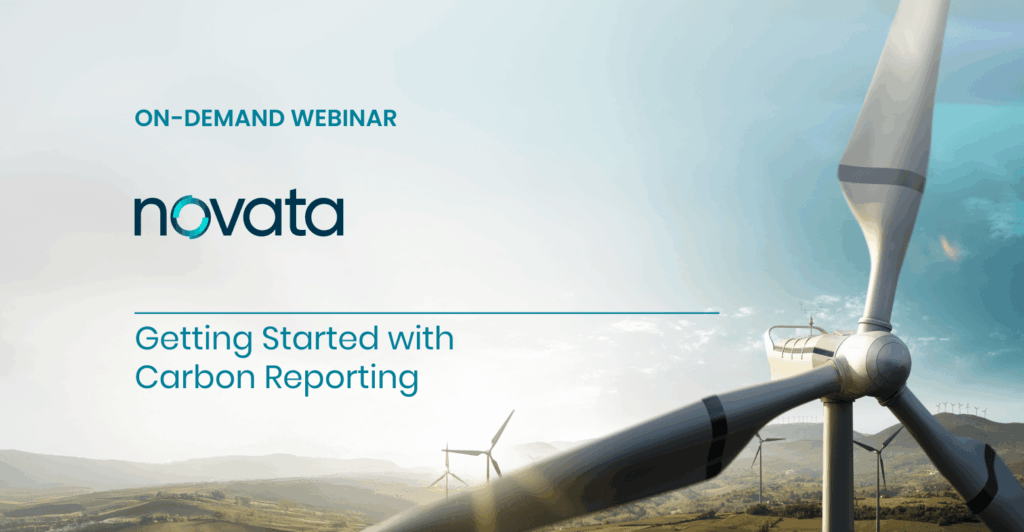 Close up image of wind turbine with text promoting Novata on-demand webinar, Getting Started with Carbon Reporting