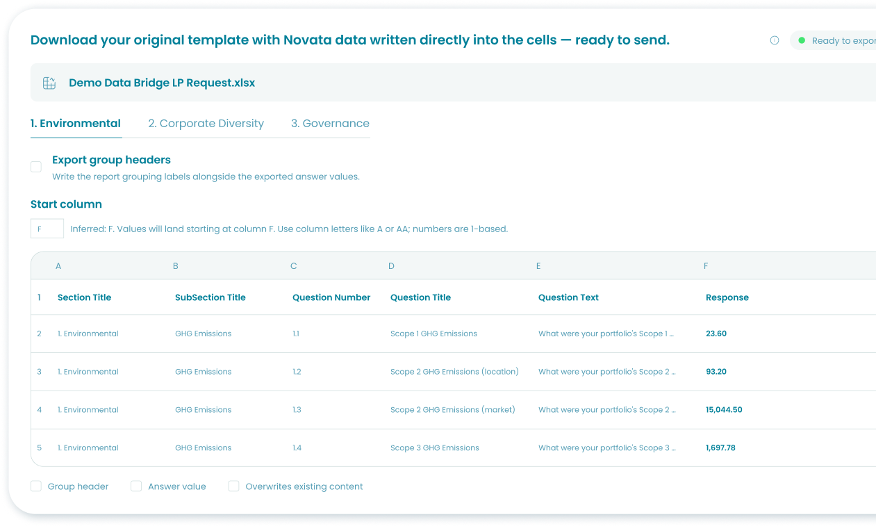 Data Bridge mapping LP request rows to Novata metrics